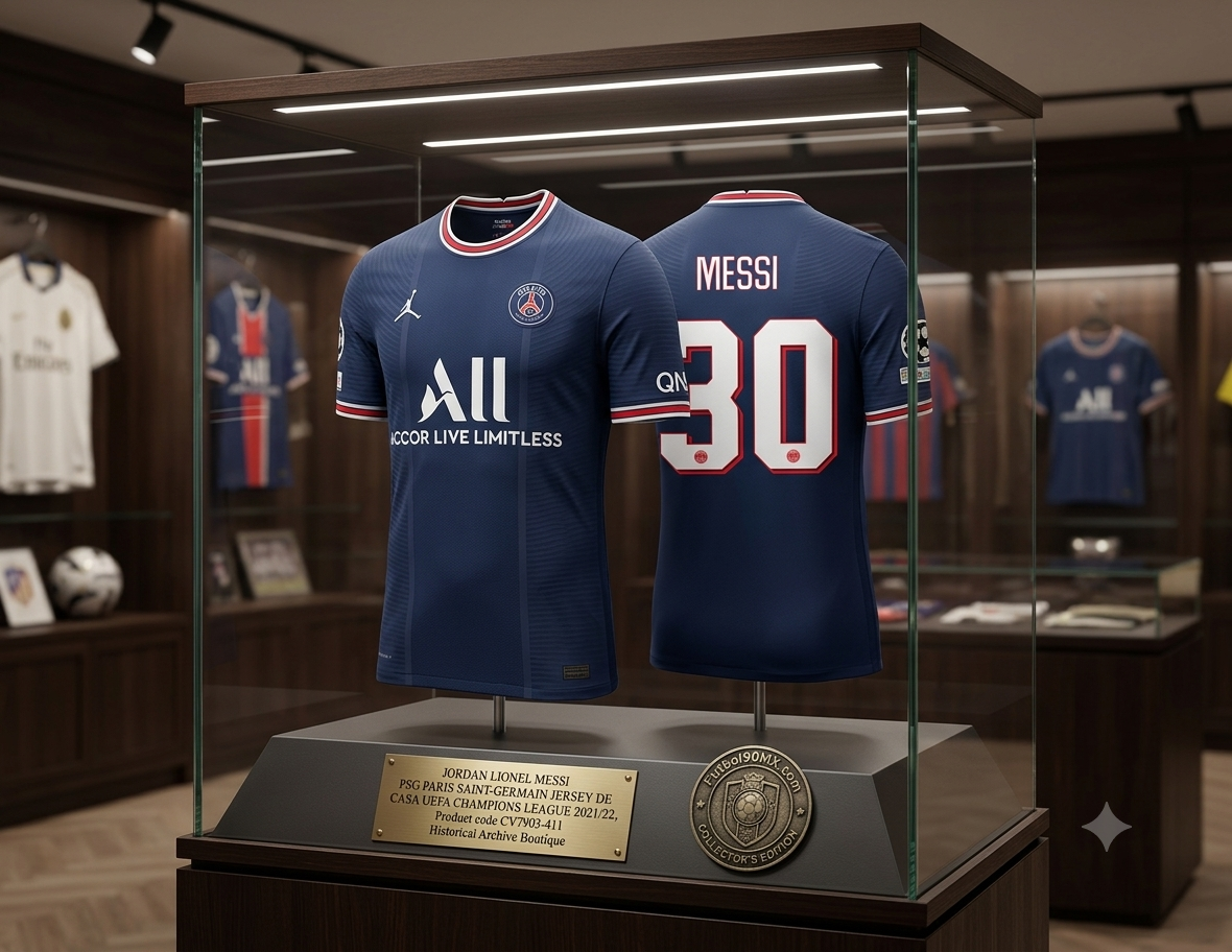 Una vitrina de museo de alta calidad que exhibe la camiseta de local de Jordan Lionel Messi PSG Paris Saint-Germain UEFA Champions League 2021/22. La camiseta de color azul marino se presenta en vista frontal y trasera. La vista frontal muestra el logotipo de Jordan, el escudo del PSG y el patrocinador ALL. La vista trasera muestra "MESSI" y el número "30", codigo CV7903-411, en Historical Archive Boutique Futbol90MX