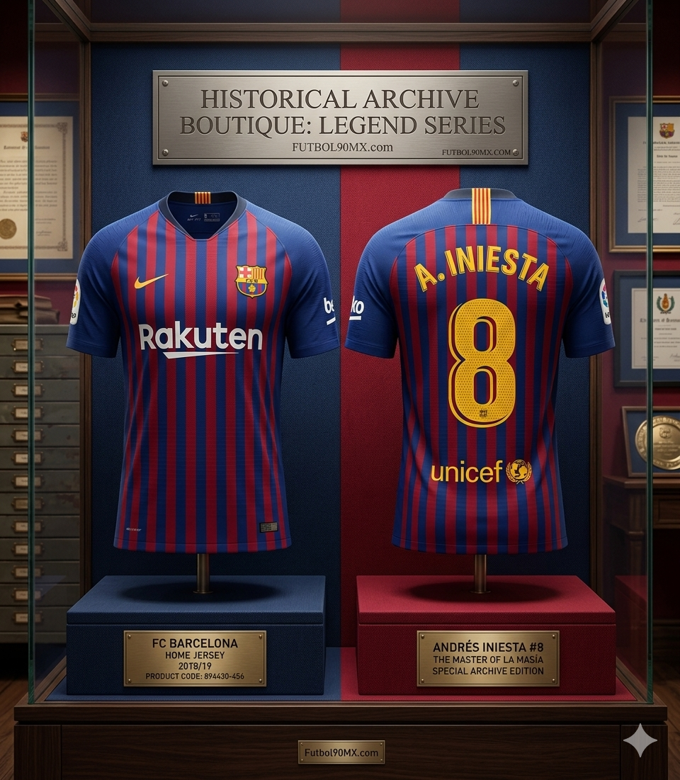 Gráfico promocional de Futbol90MX mostrando el jersey de Andrés Iniesta 2018/19 dentro de una vitrina de museo con placa de 'Legend Series' y código de producto 894430-456 visible