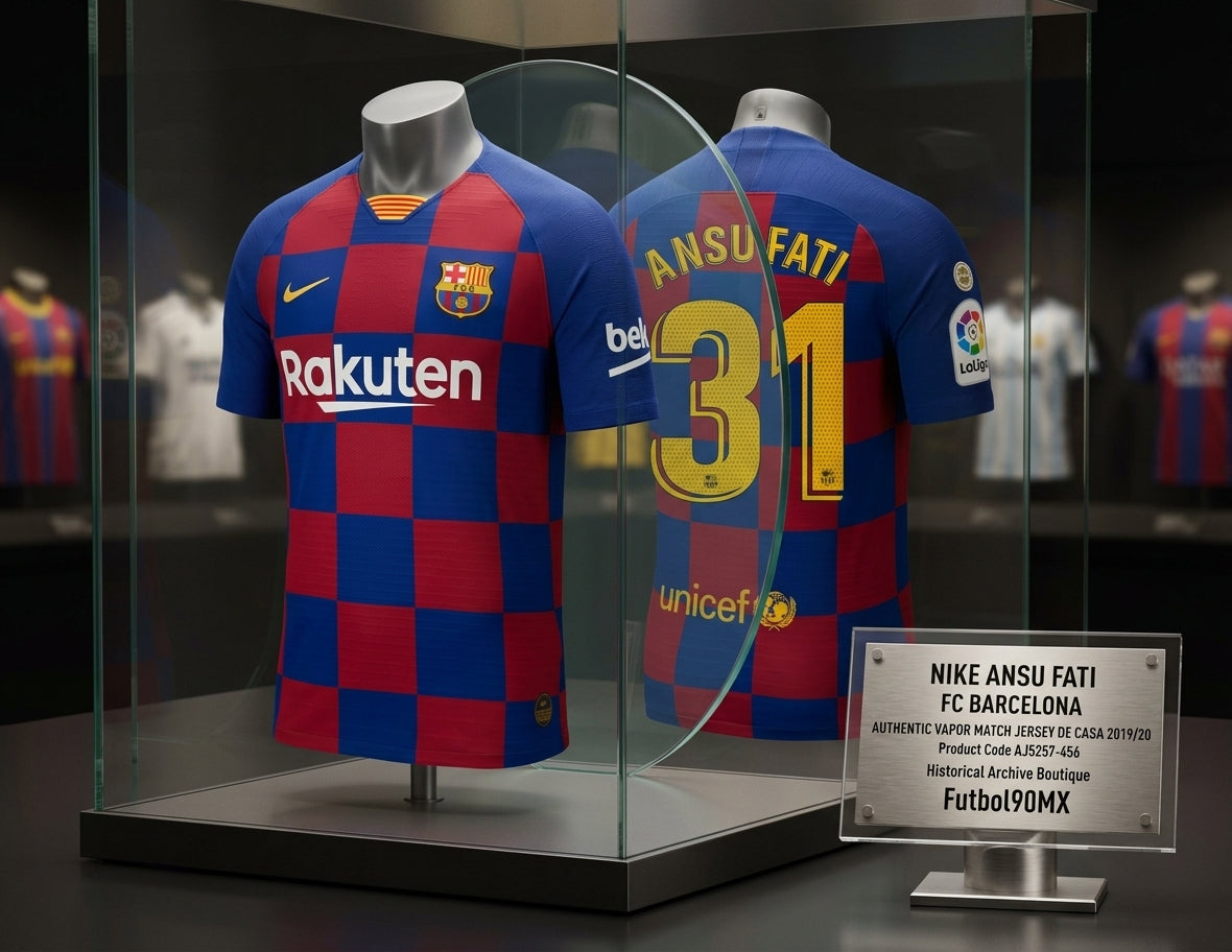 Exhibición museográfica del jersey Nike FC Barcelona Authentic Vapor Match Local 2019/20 Ansu Fati #31 (Ref. AJ5257-456) en vitrina iluminada de la Historical Archive Boutique de Futbol90MX