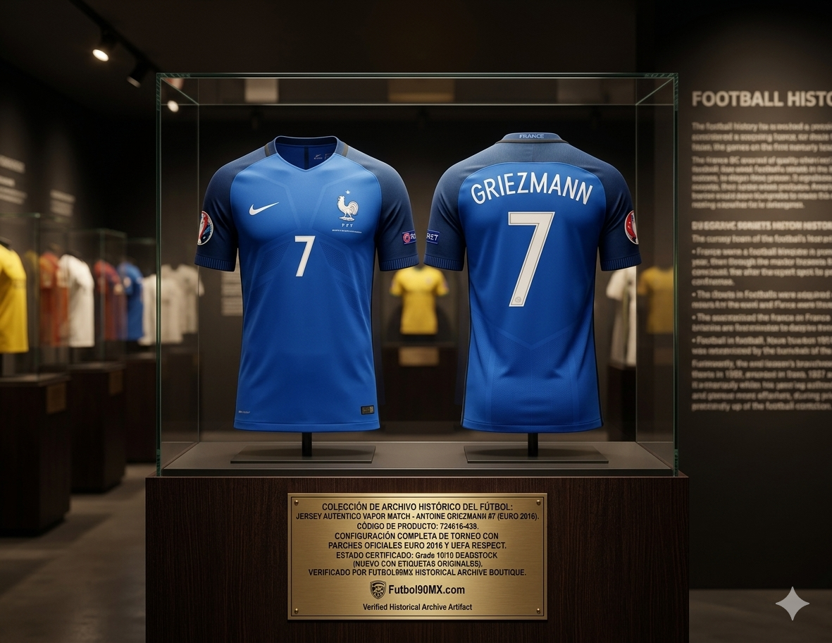 Exhibición de museo del jersey Nike Authentic Vapor Match de Francia 2016, edición jugador de Antoine Griezmann #7. Presentado en gabinete de cristal con placa dorada detallando el código 724616-439, tecnología Aeroswift y estatus como activo de archivo certificado por Futbol90MX.