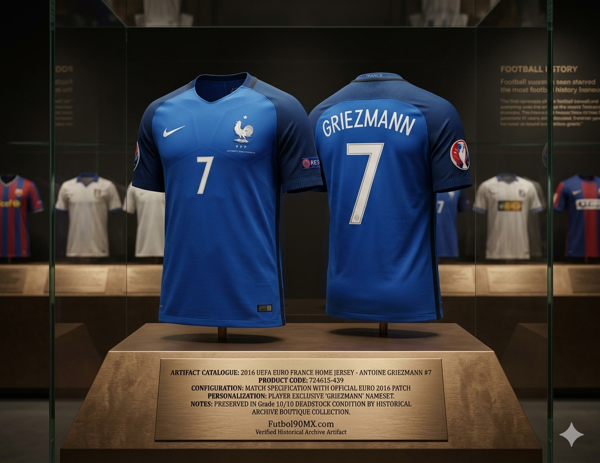 Exhibición de museo del jersey Nike de Francia 2016, versión de local con el #7 de Antoine Griezmann. Presentado en gabinete de cristal con placa dorada detallando el código 724615-439, la configuración oficial de la Euro 2016 y su estatus como activo de archivo certificado por Futbol90MX.