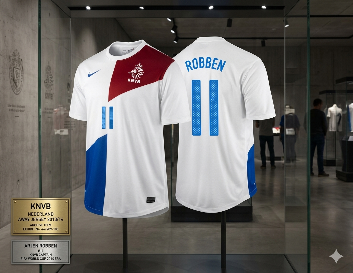 Jersey original Nike de Holanda temporada 2013/14 con dorsal de Arjen Robben #11, pieza de archivo autenticada en exhibición museográfica, código 447289-105.
