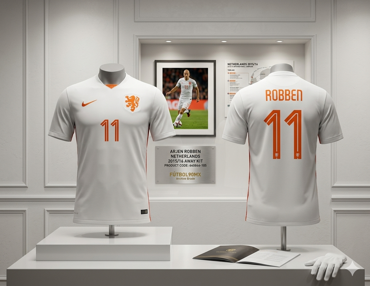 Jersey oficial Nike de visita de los Países Bajos 2015/16 de Arjen Robben #11, pieza Archive Grade en exhibición museística con código de autenticidad 640844-105, disponible en Futbol90MX