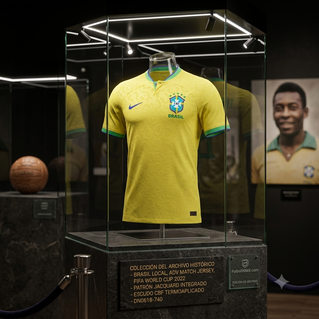 Jersey oficial Brasil local Copa Mundial 2022 (DN0618-740) en vitrina premium, edición Match Nike ADV, archivo histórico Futbol90MX