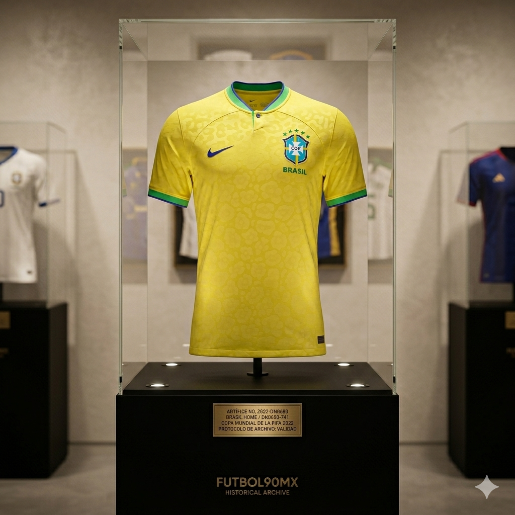 Jersey oficial Nike Brasil 2022 de local, código DN0680-741, exhibido en pedestal de museo con placa de autenticidad Futbol90MX.