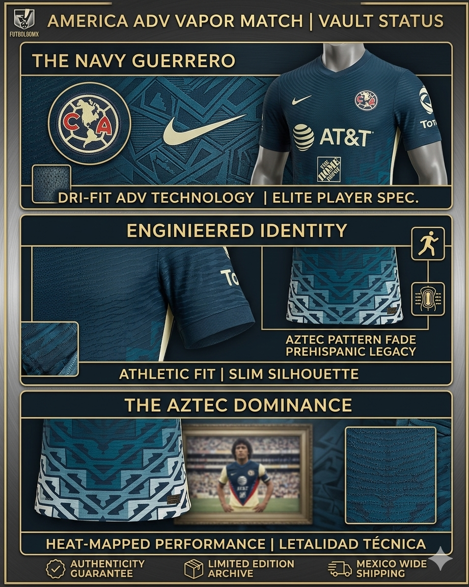 Infografía de archivo: Nike Club América Away 2021/22 ADV Vapor Match con diseño de Guerrero Águila y estatus Vault.