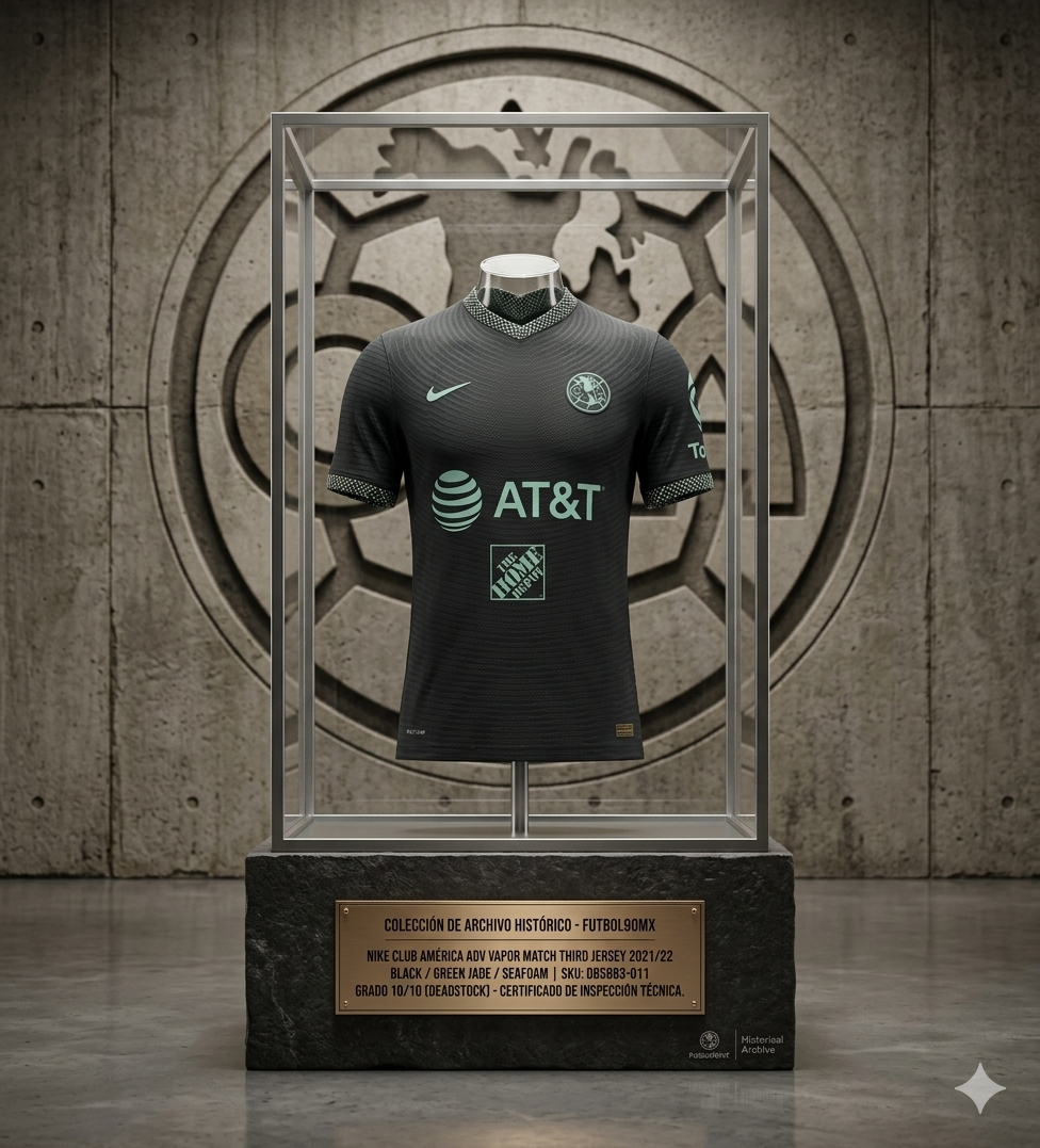 Jersey Club América 2021/22 presentado en vitrina de museo con placa de bronce técnica en la boutique de archivo Futbol90MX.