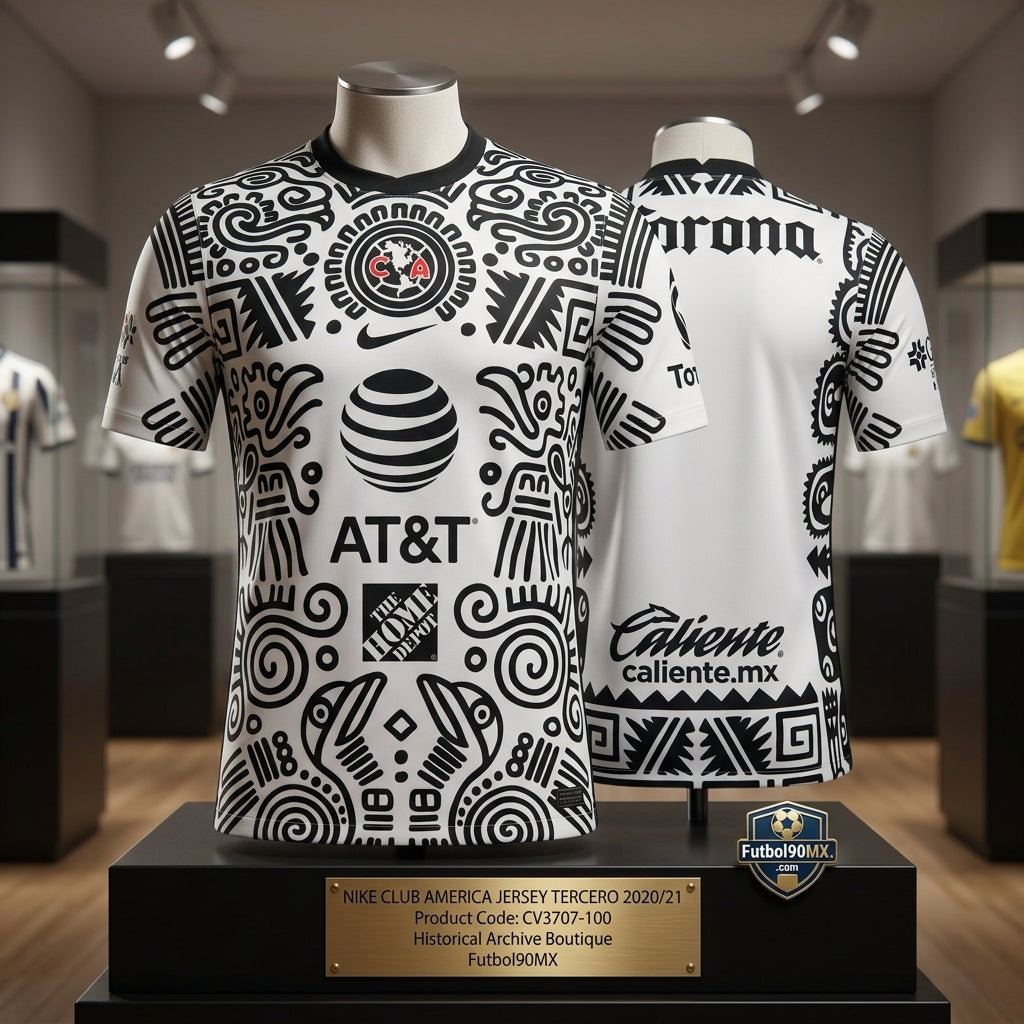 Exhibición estilo museo del jersey tercero 2020/21 del Club América (Código: CV3707-100) con placa conmemorativa y placa de la Historical Archive Boutique Futbol90MX