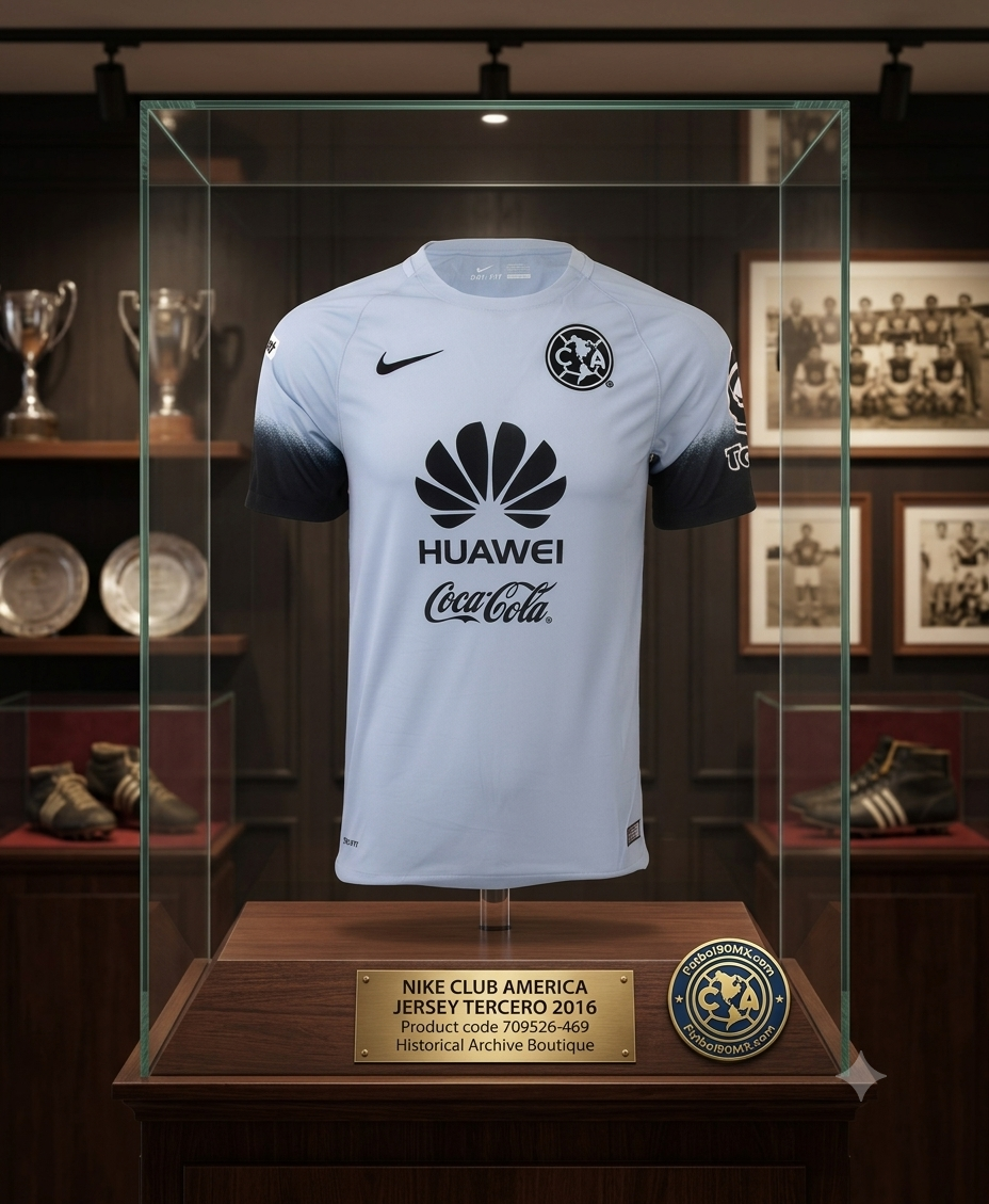 Vista con calidad de museo de la vitrina de archivo que exhibe el tercer jersey Nike del Club América 2016 (709526-469), con iluminación cenital y la placa conmemorativa de latón, en Historical Archive Boutique Futbol90MX