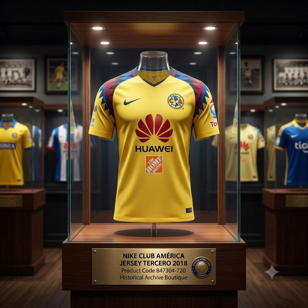 Vista con calidad de museo de la vitrina de archivo que exhibe el tercer jersey Nike del Club América 2018 (847304-720), iluminado cenitalmente sobre una base de madera, en Historical Archive Boutique Futbol90MX