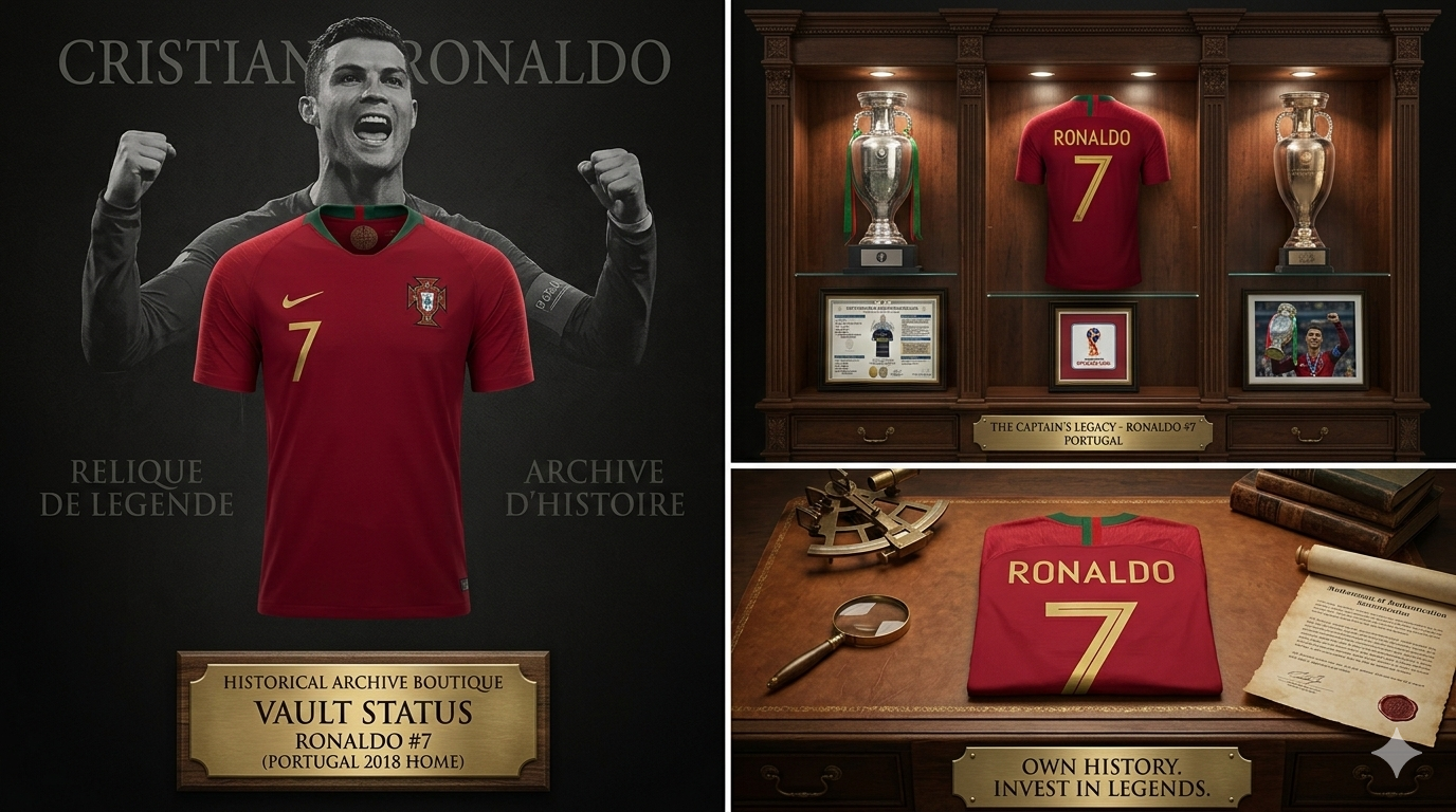 Composición de marketing de Futbol90MX mostrando el jersey de Cristiano Ronaldo en una vitrina de museo con estatus de Vault Status y trofeos internacionales