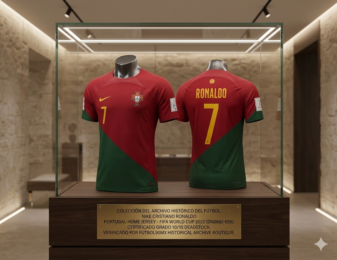Exhibición de museo del jersey Nike Portugal Home 2022 edición Cristiano Ronaldo 7, código DN0692-628 dentro de una vitrina de cristal iluminada, acompañada de una placa técnica que certifica el estado Deadstock 10/10 y la autenticidad de la Historical Archive Boutique Futbol90MX