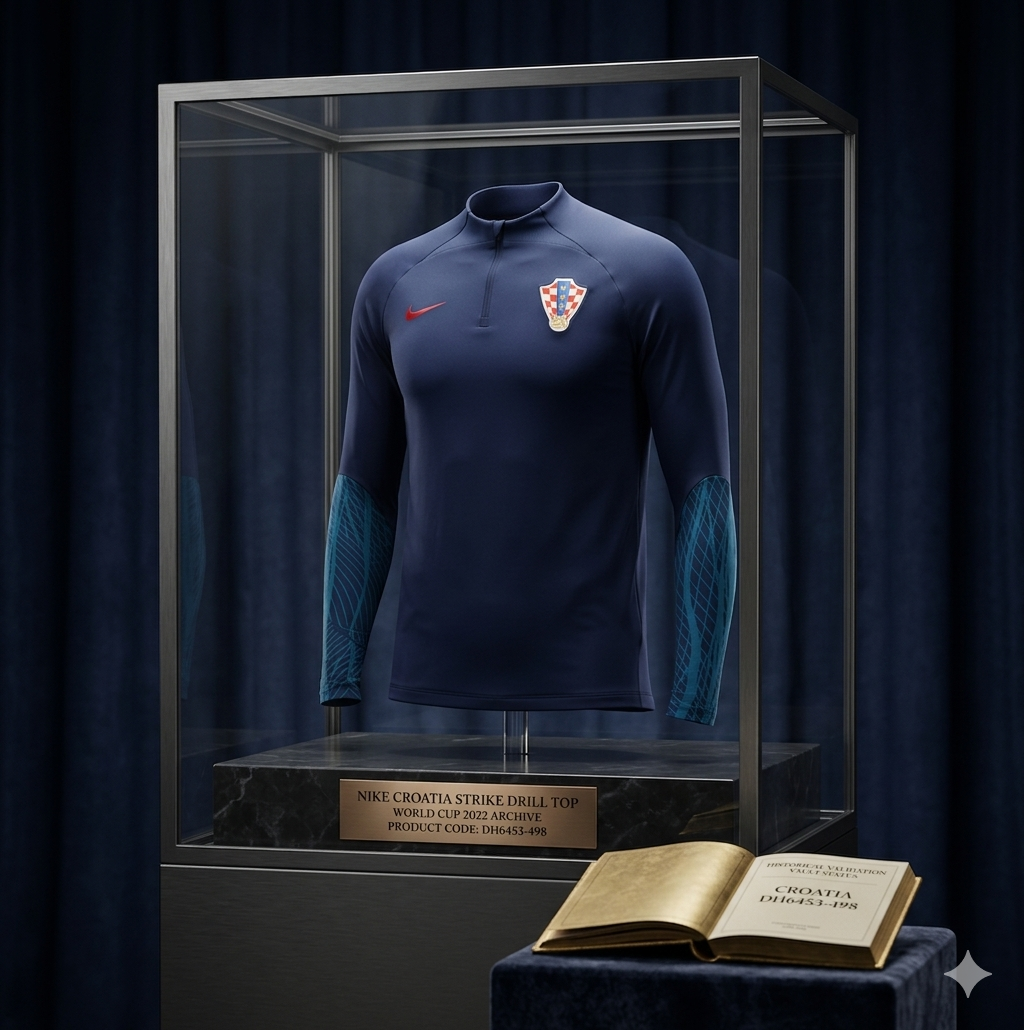 Sudadera técnica Nike Croacia Strike Drill del Mundial 2022 (DH6453-498) en color azul oscuro, presentada como una pieza de exhibición histórica dentro de una vitrina de cristal de bajo reflejo con marco de metal oscuro cepillado. La prenda está perfectamente estructurada sobre una forma invisible, con el escudo de la federación croata y el Swoosh rojo de Nike resaltados por una iluminación dramática de galería. En la base de la vitrina, una placa de bronce grabada con láser identifica la pieza con precisió