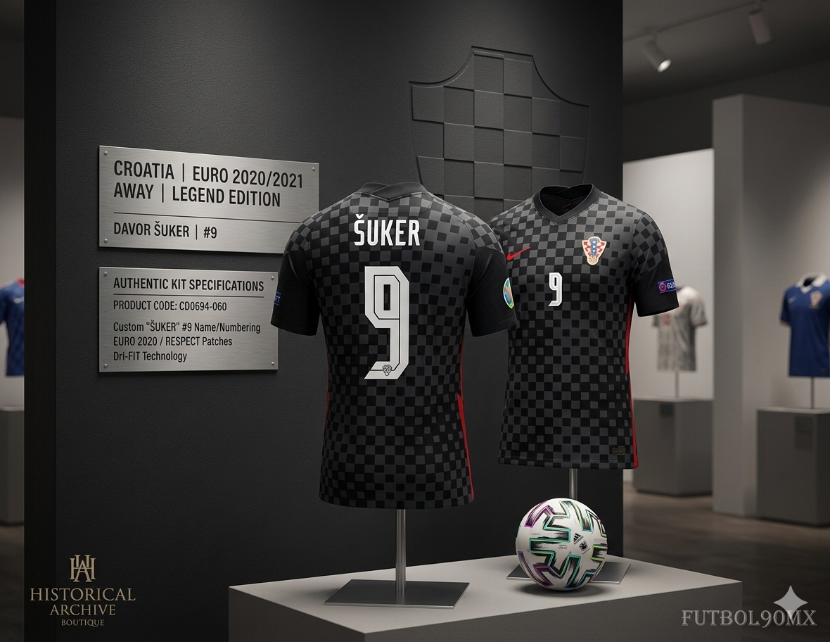 Composición artística de archivo del jersey Nike CD0694-060 Croacia Euro 2020/21 de Davor Šuker (#9), presentada en un entorno de galería digital con iluminación técnica para resaltar el patrón Anthracite Checker y los parches oficiales de la UEFA, disponible en Futbol90MX