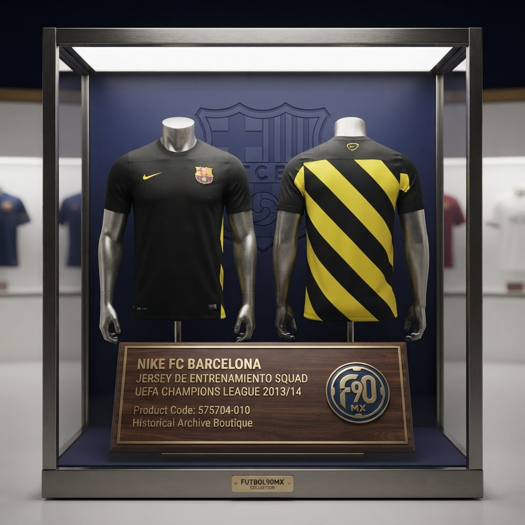 Vista de Exhibición de archivo museográfica del jersey de entrenamiento Nike FC Barcelona Squad UEFA Champions League 2013/14 (Ref. 575704-010) con placa en La Historical Archive Boutique Futbol90MX
