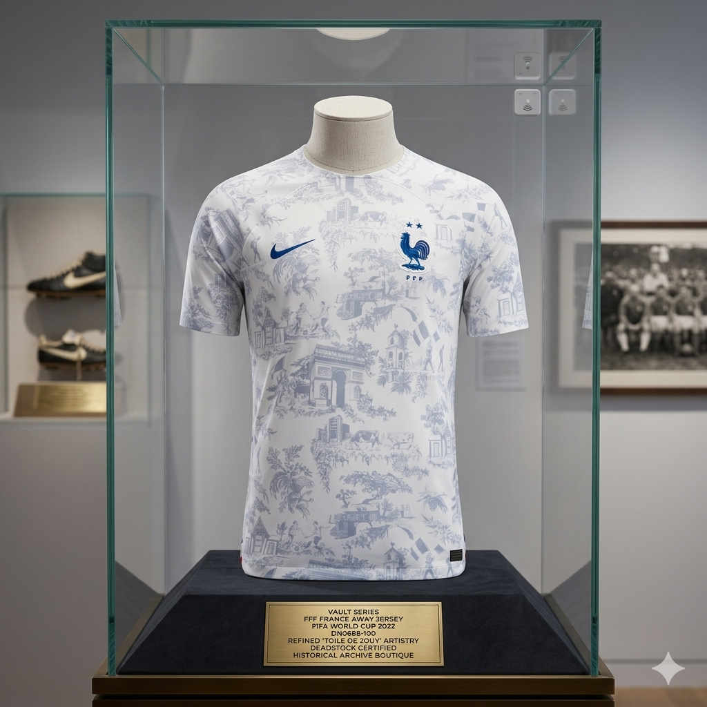France Away 2022 Historical Archive Asset (DN0688-100) exhibido en vitrina de cristal con placa dorada de certificación Deadstock y descripción técnica de la Vault Series de Futbol90MX.