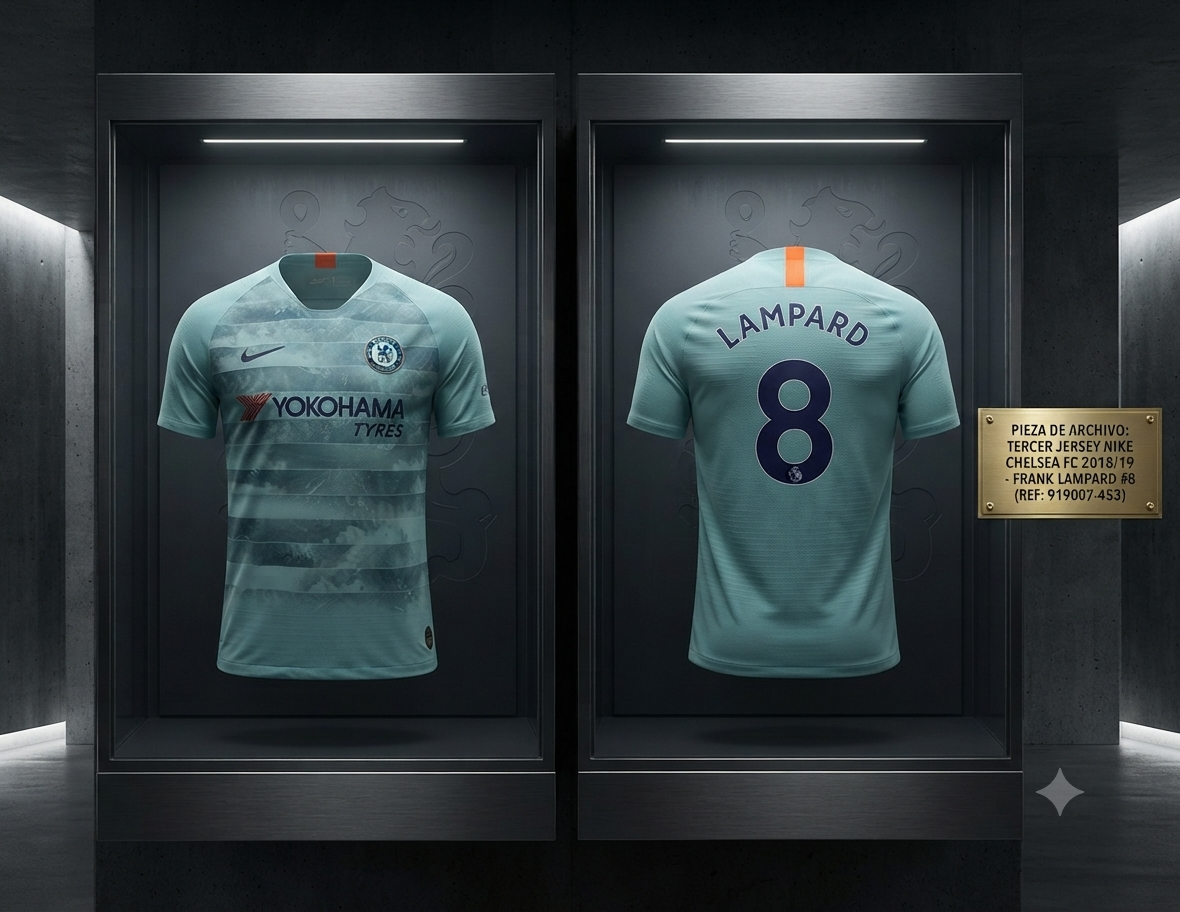 Presentación de archivo en vitrina del jersey Nike Frank Lampard Chelsea FC Third 2018/19, codigo 919007-453, autenticado por Historical Archive Boutique Futbol90MX