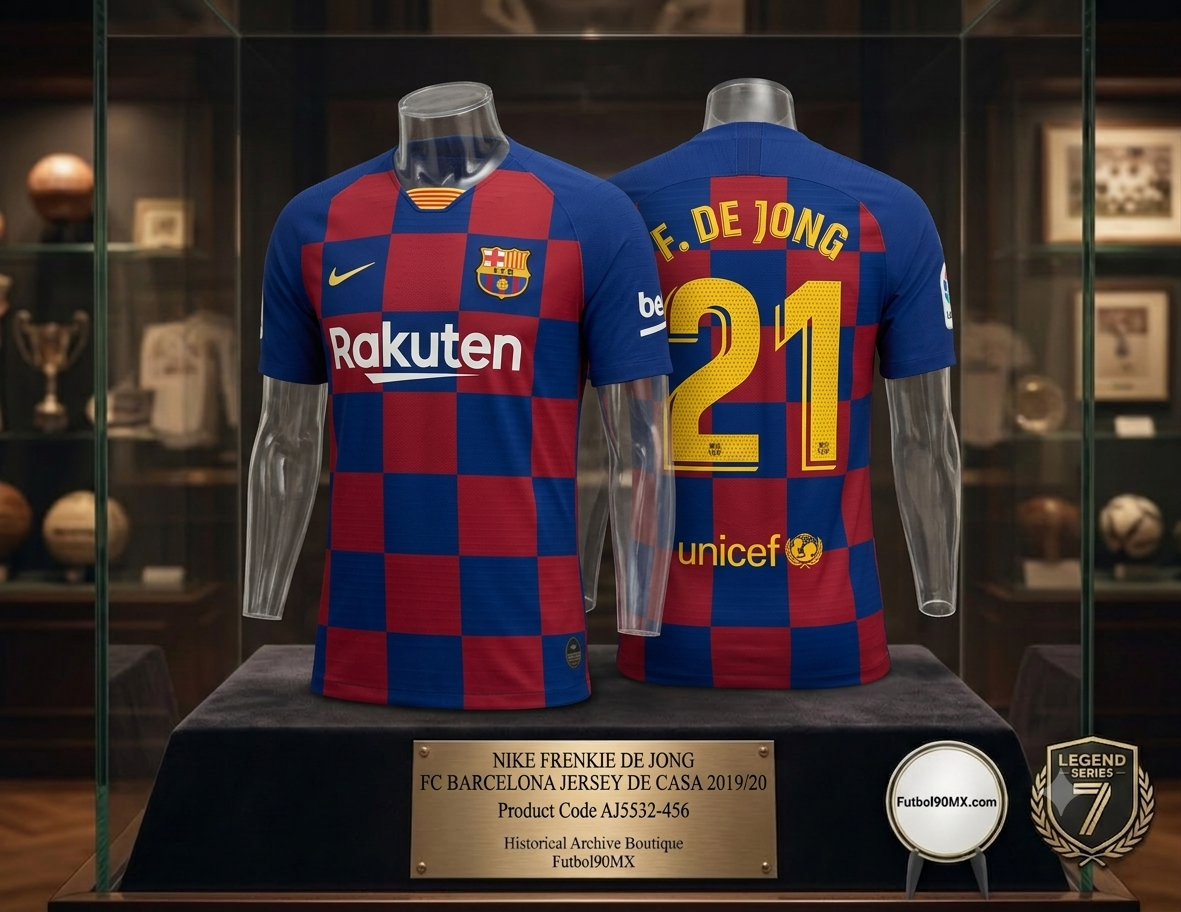 Exhibición de museo de élite para el jersey Nike local del FC Barcelona 2019/20 personalizado con Frenkie de Jong #21 y parche de LaLiga (Ref. AJ5532-456) en vitrina de caoba con placa en la Historical Archive Boutique Futbol90MX