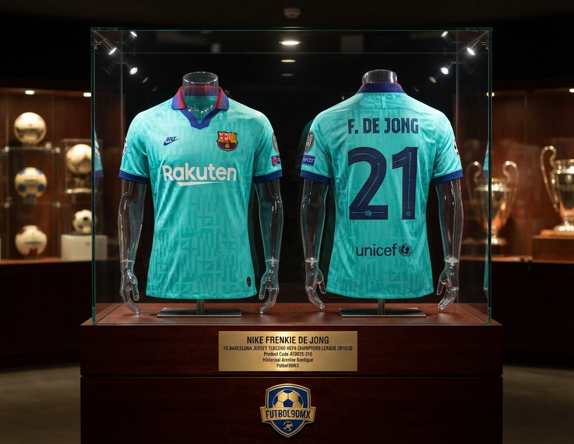 Exhibición museística en vitrina con la camiseta Nike Frenkie de Jong FC Barcelona Tercero UEFA Champions League 2019/20 (Ref. AT0029-310) en la Historical Archive Boutique de Futbol90MX
