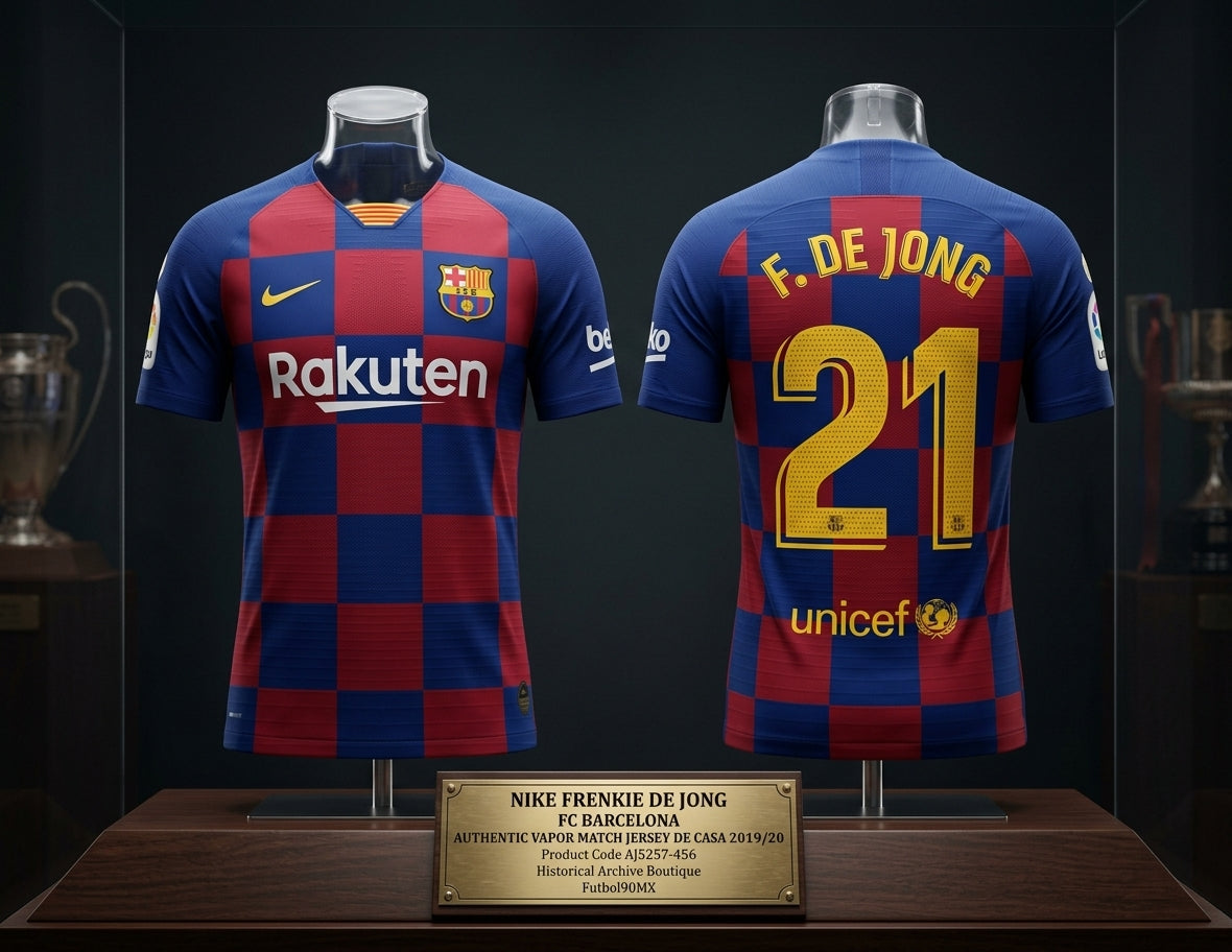 Exhibición museográfica del jersey Nike FC Barcelona Authentic Vapor Match Local 2019/20 Frenkie de Jong #21 (Ref. AJ5257-456) en vitrina iluminada de la Historical Archive Boutique de Futbol90MX