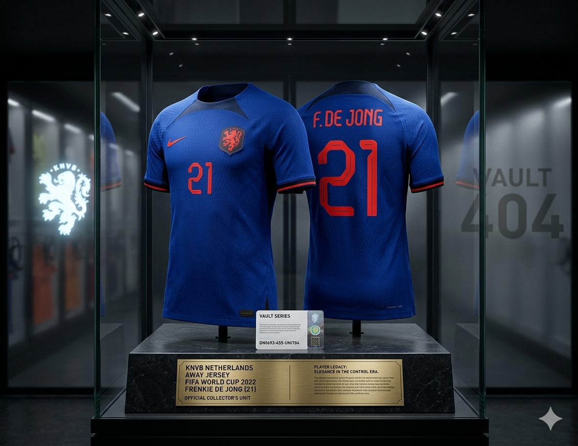 Frenkie de Jong Netherlands Away Jersey 2022 exhibido en vitrina de museo, activo de la Legend Series de Futbol90MX, codigo Nike DN0693-455