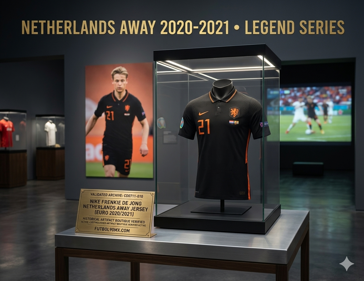 Exhibición museográfica de Futbol90MX presentando el jersey de Frenkie de Jong Euro 2020 en vitrina, resaltando el identificador técnico global CD0711-010.