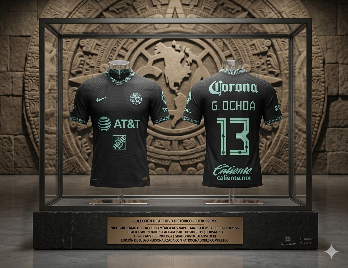 Jersey Club América 2021/22 presentado en vitrina de museo con placa de bronce técnica en la boutique de archivo Futbol90MX.