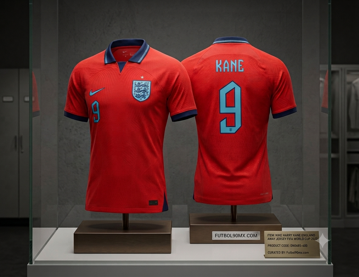 Exhibición con calidad de museo de una camiseta de visitante de Inglaterra de Harry Kane para la Copa Mundial de la FIFA 2022 de Nike, mostrada de frente y de espaldas en maniquíes dentro de una vitrina de cristal. La camiseta es de color rojo vibrante con detalles en azul en el cuello y las mangas, luciendo el nombre "KANE" y el número "9" en la parte posterior. Una placa de identificación dorada en la base dice: "NIKE HARRY KANE ENGLAND AWAY JERSEY FIFA WORLD CUP 2022, PRODUCT CODE: DN0685-600, Futbol90MX