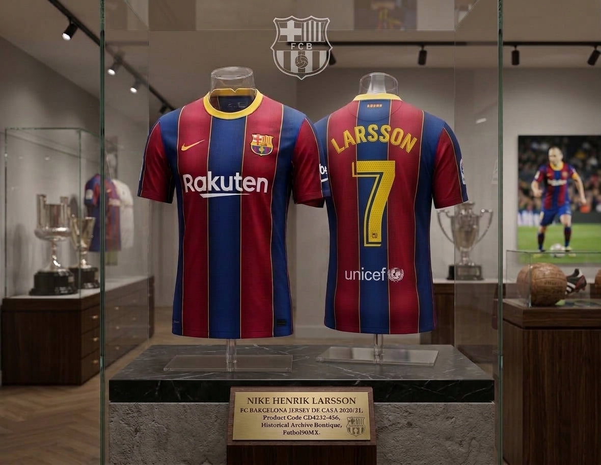 Exhibición museográfica dual del jersey Nike Henrik Larsson FC Barcelona 2020/21 (Ref. CD4232-456) en vitrina de archivo de la Historical Archive Boutique de Futbol90MX