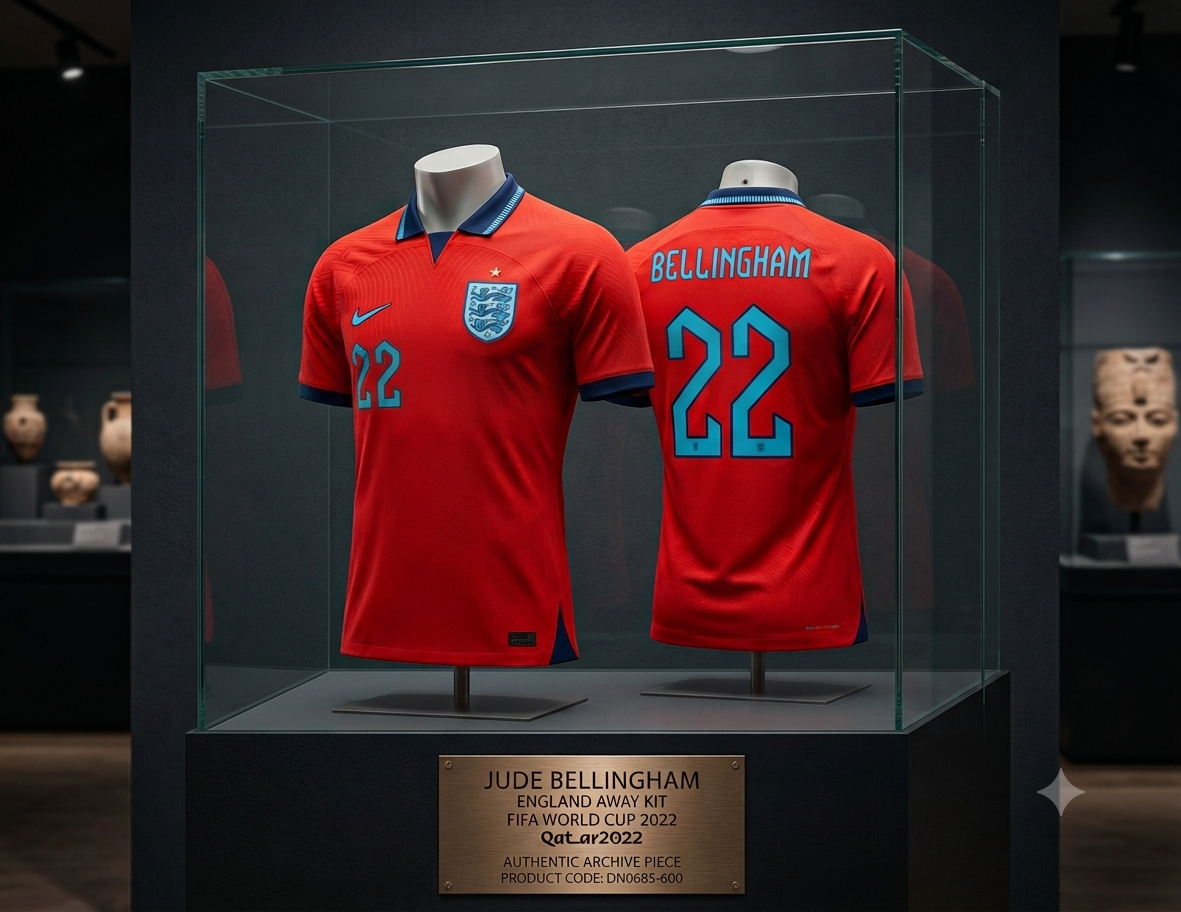 Jersey oficial Inglaterra 2022, versión Jude Bellingham #22, código DN0685-600. Pieza de colección en exhibición de Historical Archive Boutique Futbol90MX