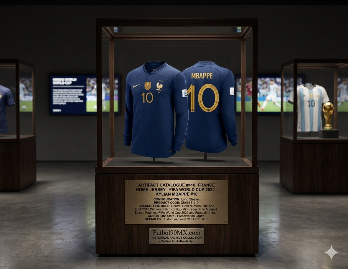 Exhibición de museo del jersey Nike Stadium de Francia 2022, versión manga larga con el #10 de Kylian Mbappé. Presentado en gabinete de cristal con placa dorada detallando la autenticidad, código DN0665-410 y su estatus como activo de archivo certificado en Futbol90MX.
