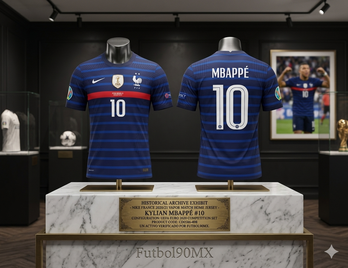 Exhibición de archivo histórico Jersey Francia Euro 2020 Vapor Match de Kylian Mbappé en pedestal de mármol activo de inversión Futbol90MX Nike CD0586-498