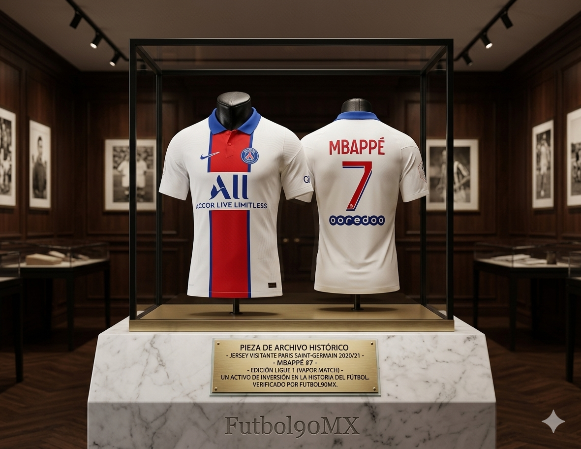 Exhibición de archivo histórico de Jersey Paris Saint-Germain visitante 2020-21 Mbappé en vitrina de lujo de la boutique Futbol90MX Nike CD4188-101