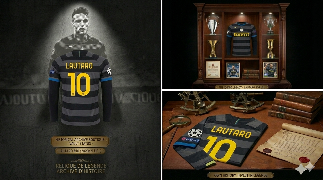 Composición de marketing de Futbol90MX mostrando la jersey de Lautaro Martínez #10 en vitrina de archivo histórico con gráficos de 'El Toro'"
