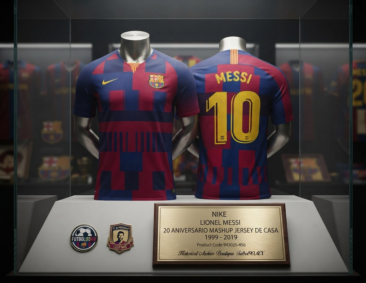 Vista de la Exhibición museográfica con el dorsal Messi 10 en el jersey Nike FC Barcelona Mashup Local de Messi 1999-2019 (Ref. 943025-456) en la Historical Archive Boutique de Futbol90MX