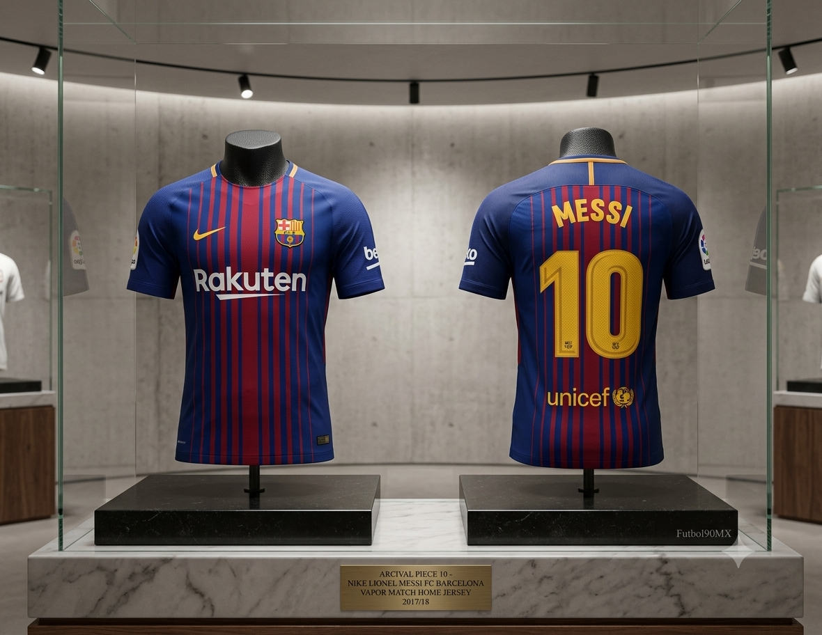 Jersey oficial Nike FC Barcelona Vapor Match Local de Lionel Messi 2017/18, codigo 847190-456, presentado en exhibición de Historical Archive Boutique Futbol90MX