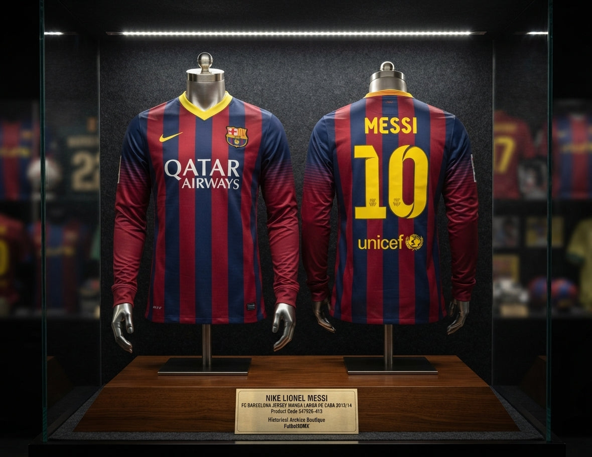 Exhibición museográfica del jersey Nike FC Barcelona Local Manga Larga 2013/14 Lionel Messi #10 (Ref. 547926-413) en vitrina iluminada de la Historical Archive Boutique de Futbol90MX.