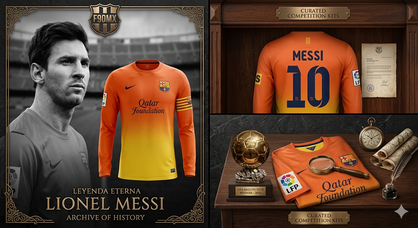 Collage estilo museo con retrato de Lionel Messi, jersey en vitrina con Balón de Oro y bodegón de archivo histórico.