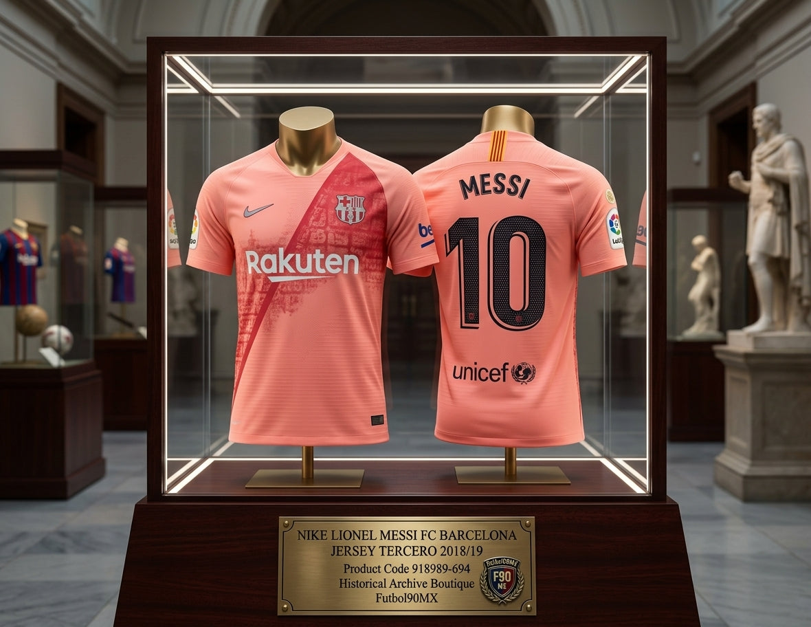 Vista de Exhibición museística de archivo del Nike Lionel Messi FC Barcelona Third Jersey 2018/19 (Ref. 918989-694) en la Historical Archive Boutique de Futbol90MX