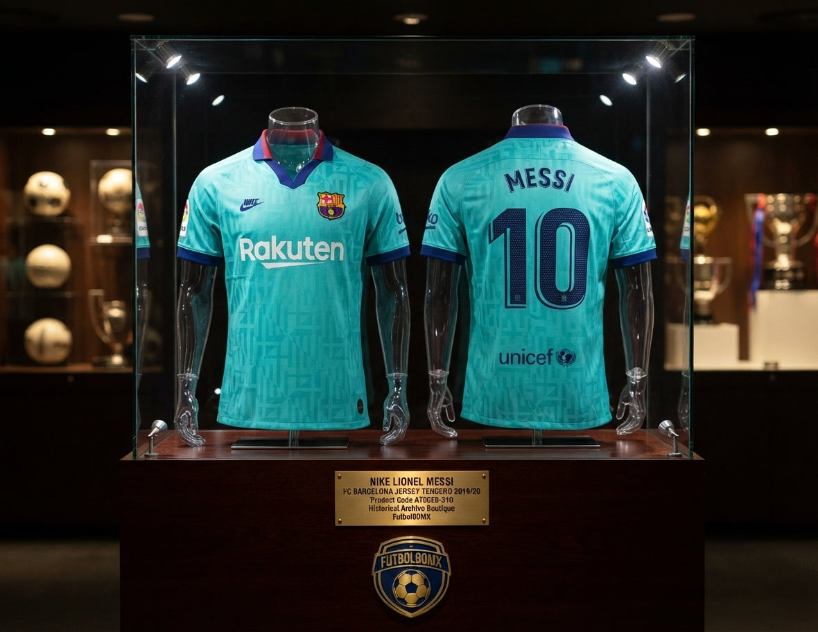 Vista de Exhibición museística en vitrina con la camiseta Nike Lionel Messi FC Barcelona Tercero 2019/20 (Ref. AT0029-310) en la Historical Archive Boutique de Futbol90MX
