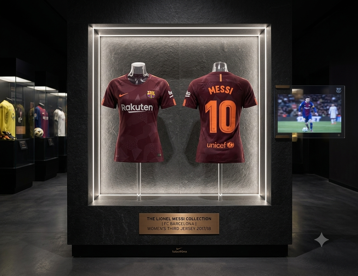 Imagen de presentación estilo museo del jersey Nike femenino del FC Barcelona 2017/18 personalizado con Lionel Messi #10, exhibido en una vitrina iluminada que destaca el patrón geométrico y los detalles naranja, codigo 847224-683, en Historical Archive Boutique Futbol90MX