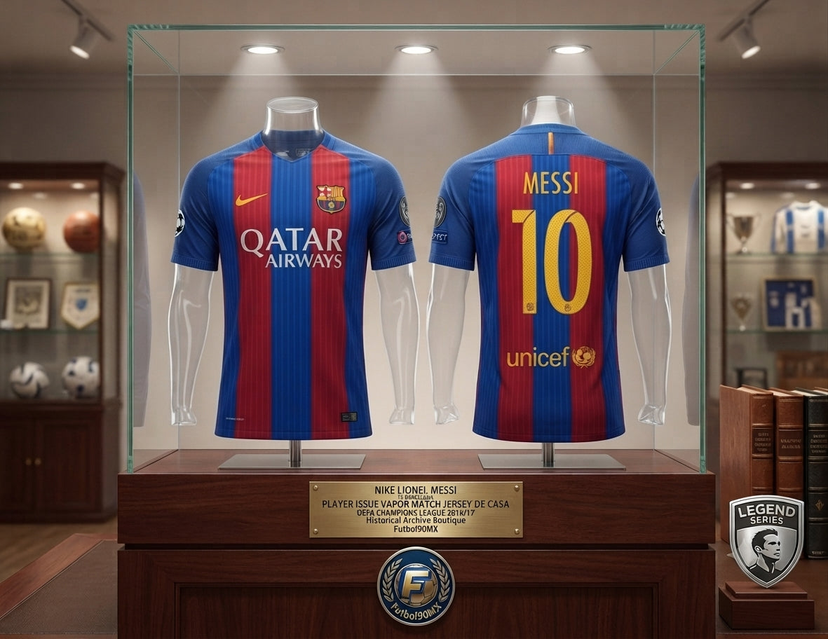 Vista de Museo del Jersey Nike Lionel Messi FC Barcelona Vapor Match Player Issue Local UEFA Champions League 2016/17 (776849-480) expuesto en una vitrina museística de la Historical Archive Boutique en Futbol90MX, acompañado de placa de catalogación y sello institucional