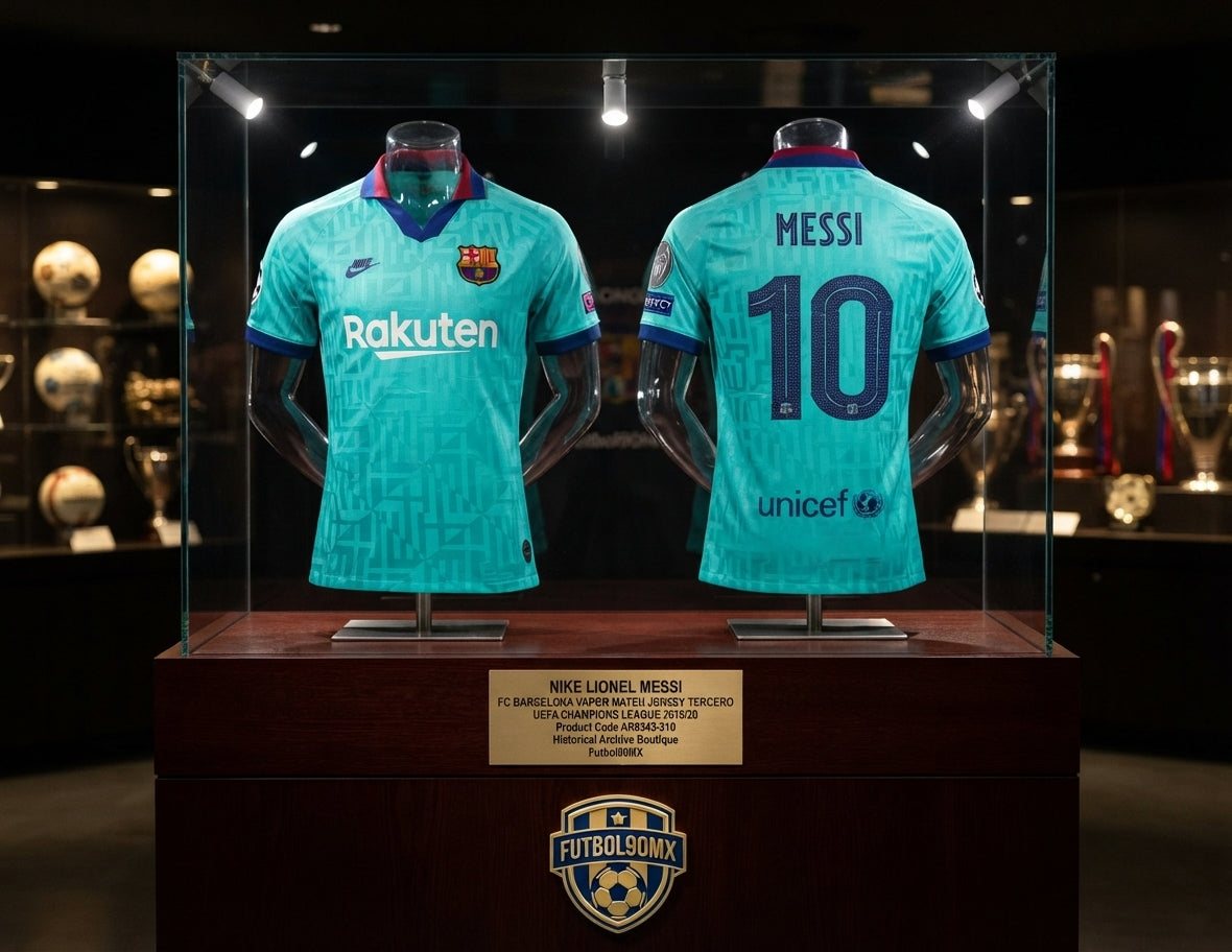 Exhibición museística en vitrina con la camiseta Nike Lionel Messi FC Barcelona Vapor Match Tercero UEFA Champions League 2019/20 (Ref. AR9343-310) en la Historical Archive Boutique de Futbol90MX