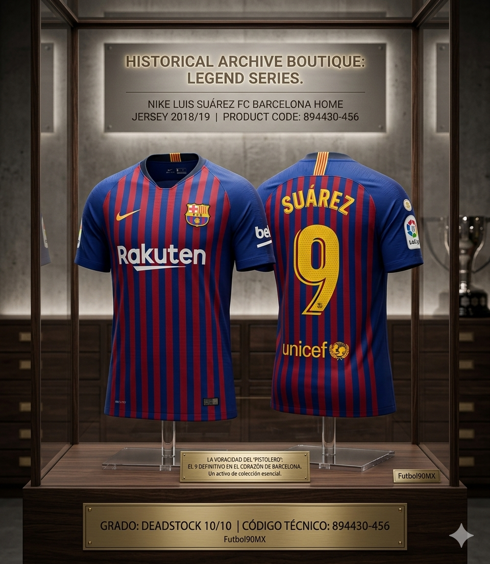 Gráfico promocional de Futbol90MX mostrando el jersey de Luis Suárez 2018/19 dentro de una vitrina de museo con placas de autenticidad y código de producto 894430-456 visible