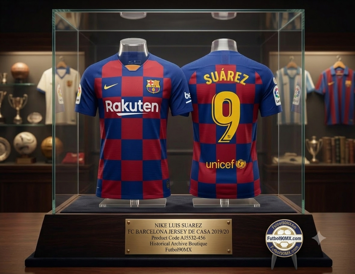 Exhibición de museo de élite para el jersey Nike local del FC Barcelona 2019/20 personalizado con Luis Suárez #9 y parche de LaLiga (Ref. AJ5532-456) en vitrina de caoba con placa en la Historical Archive Boutique Futbol90MX