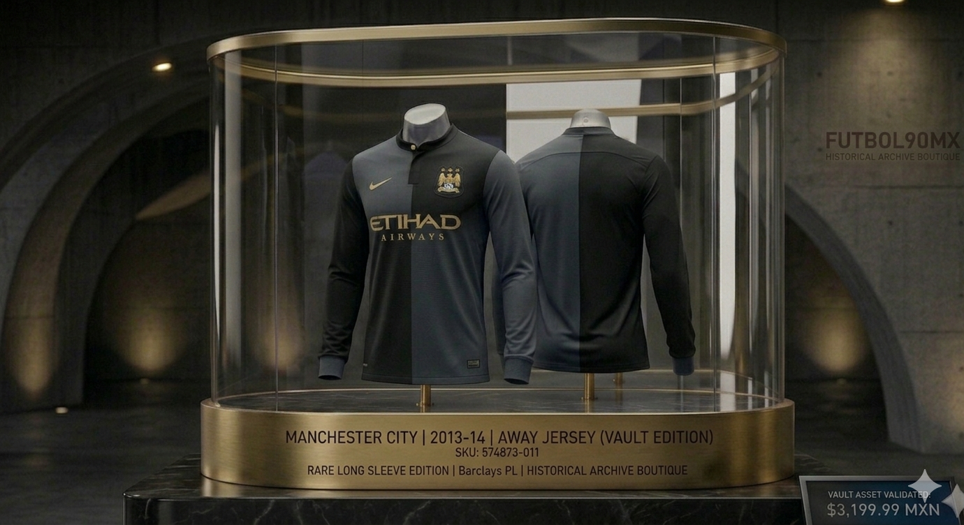 Vitrina de exhibición de lujo en la Futbol90MX Historical Archive Boutique presentando el jersey de visitante Nike Manchester City 2013-14 de manga larga. El jersey, limpio y sin personalización, se exhibe sobre un maniquí invisible dentro de una vitrina de cristal curvado con una base de oro grabada. El texto grabado en la base confirma: 'MANCHESTER CITY | 2013-14 | AWAY JERSEY (VAULT EDITION)' y 'SKU: 574873-011'. También incluye 'RARE LONG SLEEVE EDITION | Barclays PL | HISTORICAL ARCHIVE BOUTIQUE'.