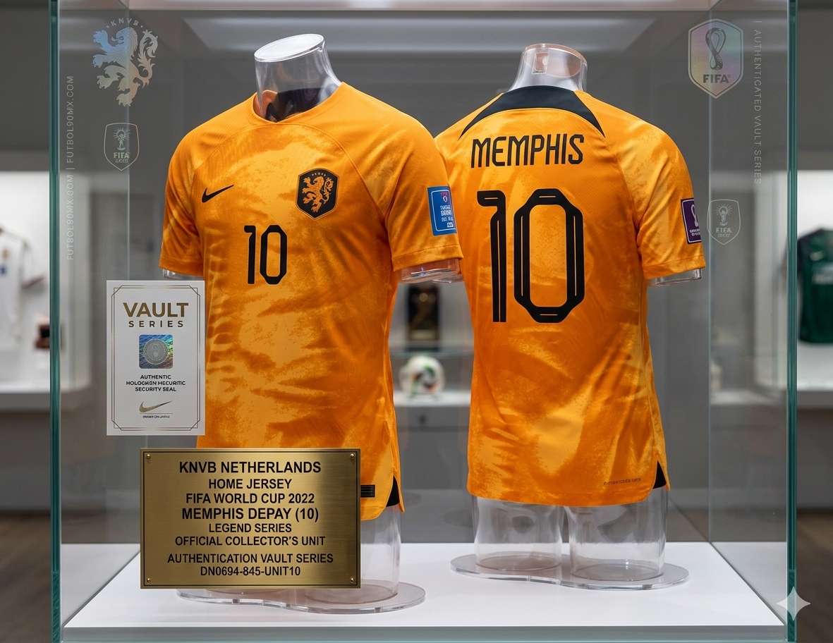 Jersey Memphis Depay Países Bajos 2022 (DN0694-845) exhibido en vitrina de archivo con placa de autenticidad grabada, pieza central de la Legend Series de Futbol90MX.