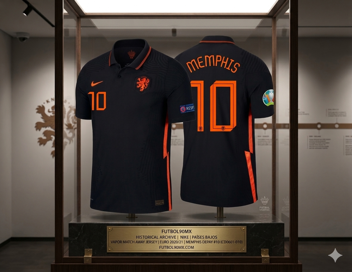 Exhibición de archivo: Jersey de visita de Países Bajos EURO 2020/21, versión Vapor Match de Memphis Depay (#10), presentada en vitrina museística con placa de autenticidad, codigo CD0601-010, disponible en Historical Archive Boutique Futbol90MX