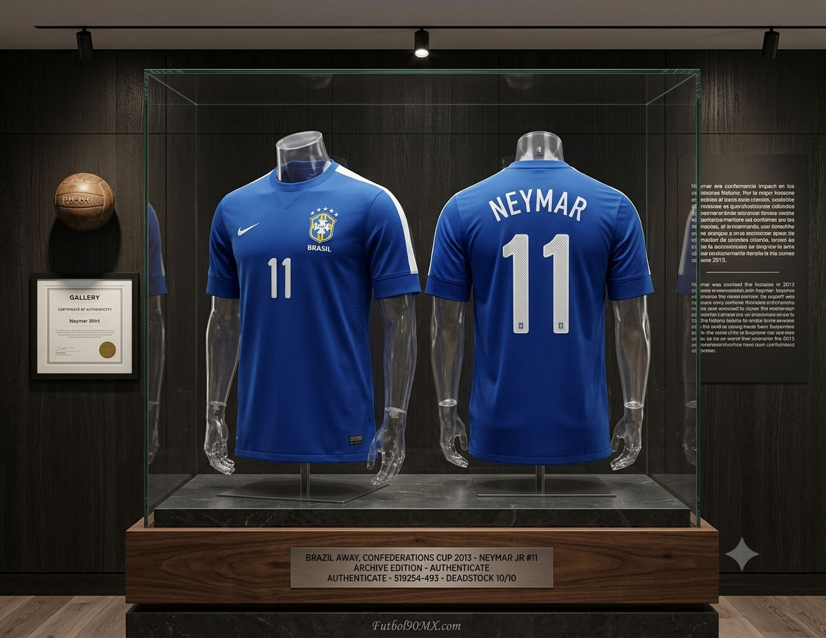 Exhibición de archivo Futbol90MX: Jersey Nike Brasil 2013 visitante de Neymar Jr en vitrina premium, certificado de autenticidad, codigo 519254-493, en Futbol90MX
