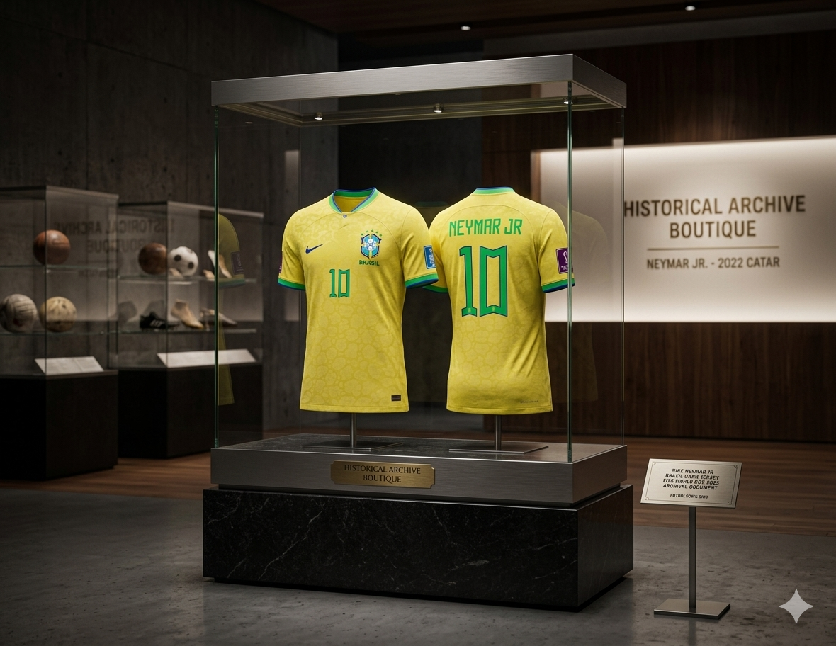 Jerseys de local de Brasil 2022 (#10 Neymar Jr.) exhibidos en vitrina de museo iluminada, codigo Nike DN0680-741 con placa de autenticidad de la Historical Archive Boutique Futbol90MX en primer plano.